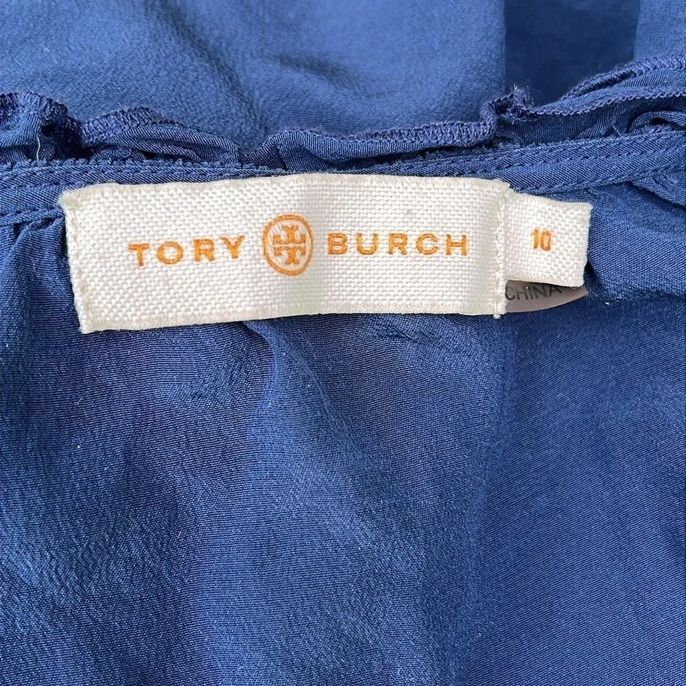 Tory Burch Blue Sleeveless Top with Ruffle Details, navy blue, v neck with ties